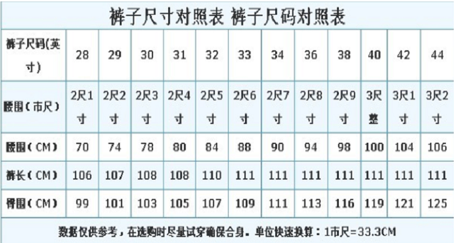 裤子尺码对照表